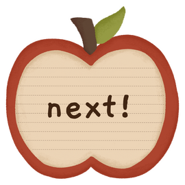 hand drawn apple shaped notebook with the words written "next!" in the center.